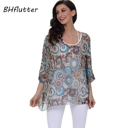 Plus Size Floral Print Chiffon Wearover Blouse