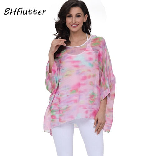 Plus Size Floral Print Chiffon Wearover Blouse
