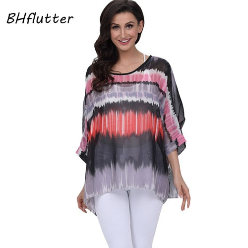 Plus Size Floral Print Chiffon Wearover Blouse