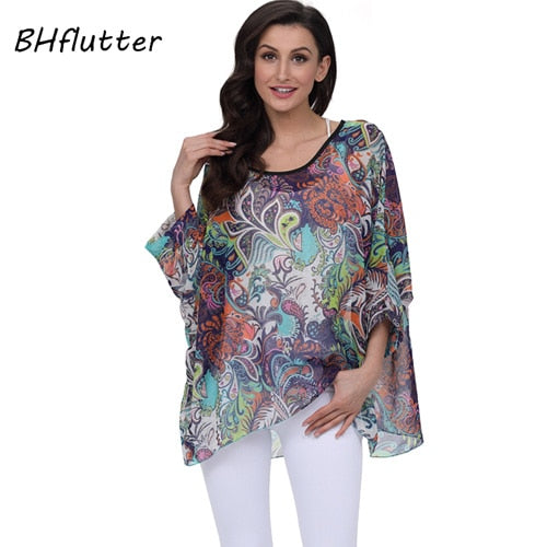 Plus Size Floral Print Chiffon Wearover Blouse