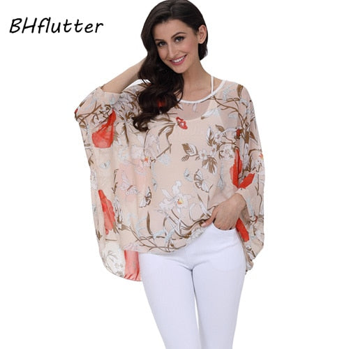 Plus Size Floral Print Chiffon Wearover Blouse