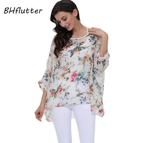 Plus Size Floral Print Chiffon Wearover Blouse