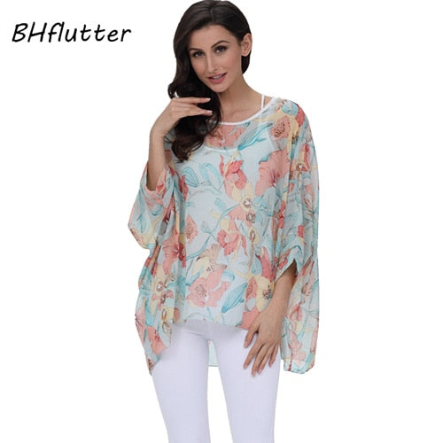 Plus Size Floral Print Chiffon Wearover Blouse