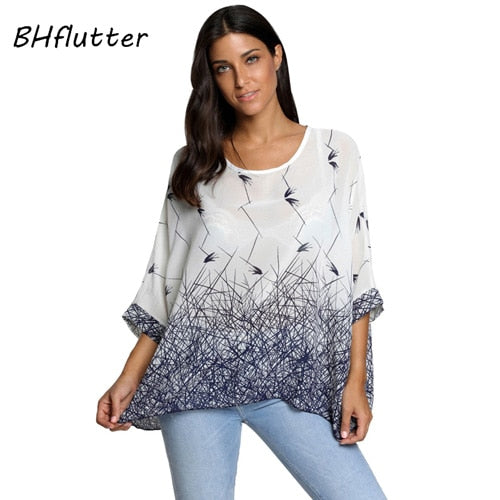 Plus Size Floral Print Chiffon Wearover Blouse