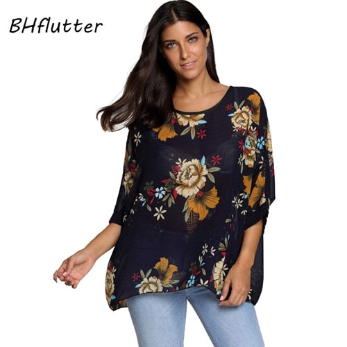 Plus Size Floral Print Chiffon Wearover Blouse