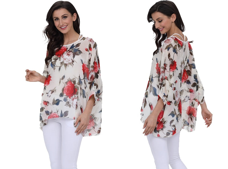 Plus Size Floral Print Chiffon Wearover Blouse