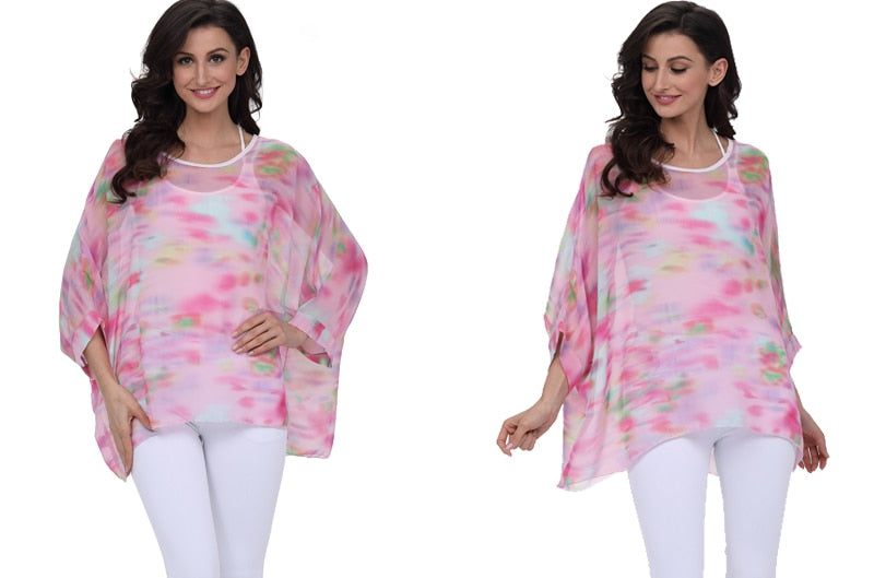 Plus Size Floral Print Chiffon Wearover Blouse