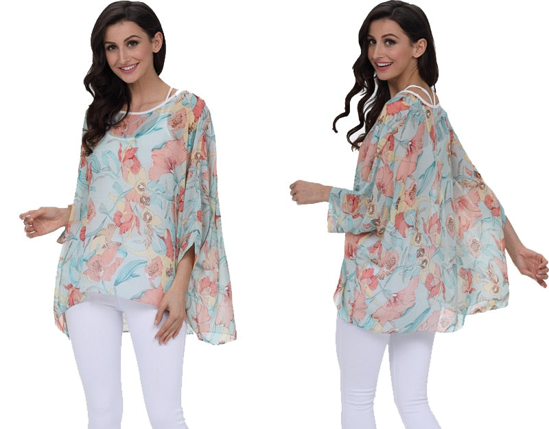 Plus Size Floral Print Chiffon Wearover Blouse