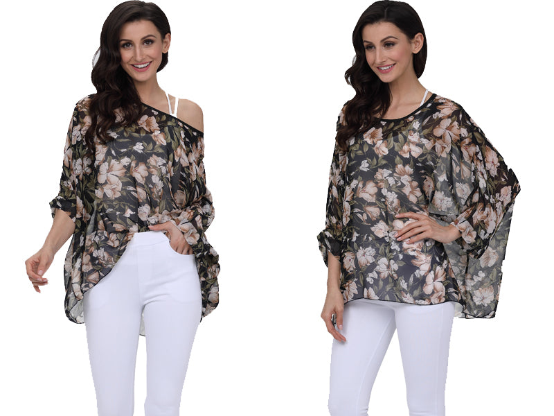 Plus Size Floral Print Chiffon Wearover Blouse