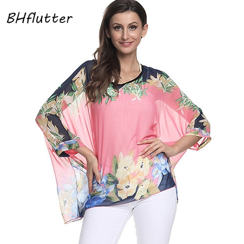 Plus Size Floral Print Chiffon Wearover Blouse