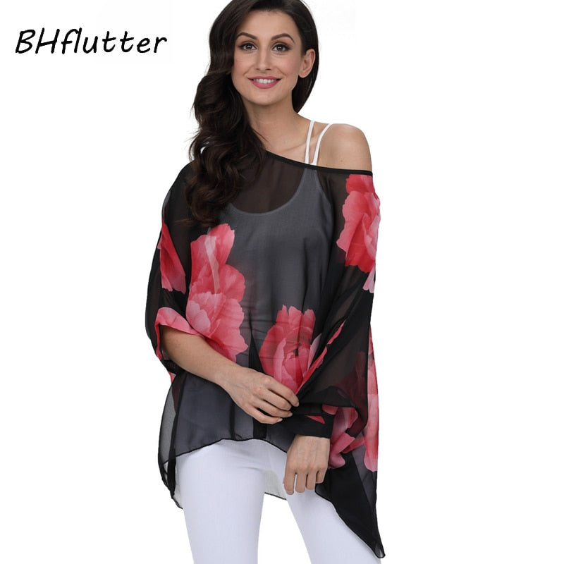 Plus Size Floral Print Chiffon Wearover Blouse