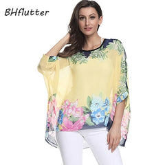 Plus Size Floral Print Chiffon Wearover Blouse